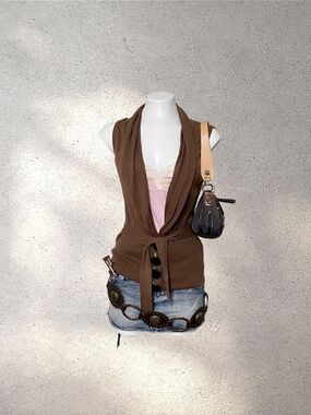 Kensie Sleeveless Brown Cardigan w/ Tie Waist & Shawl Collar